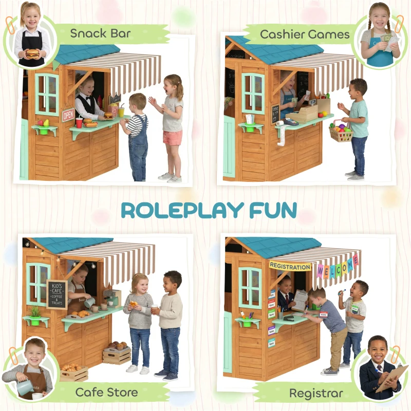 Qaba Outdoor Playhouse with Snack Bar, Half Door, Windows, Flowerpot Holders, Chalkboard, Tossing Game