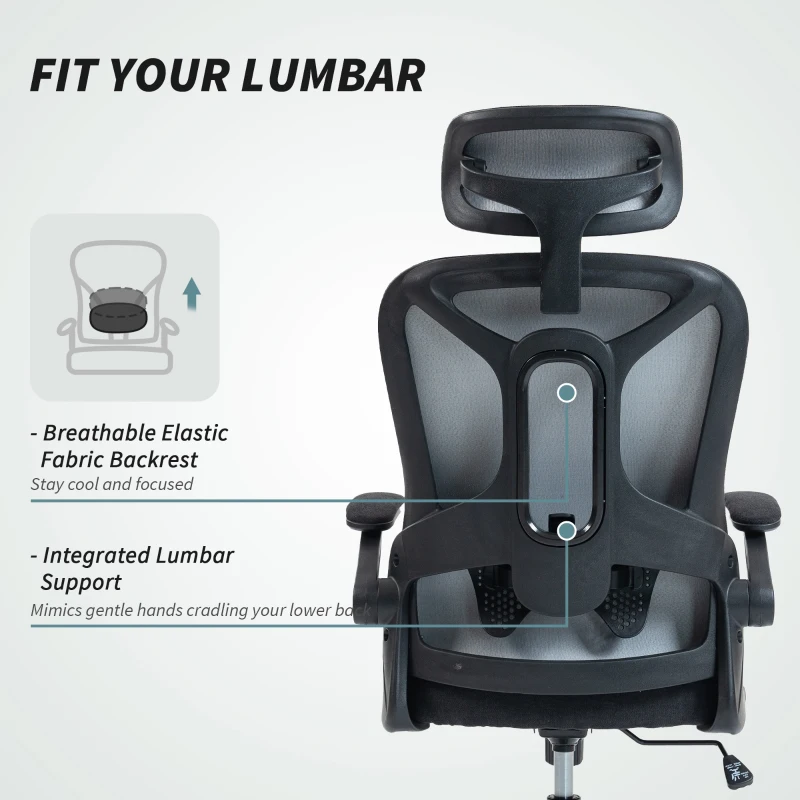 HOMCOM Ergonomic Office Chair, Swivel Desk Chair with Adjustable Lumbar Support, Headrest and Height, Flip-up Armrests, Black