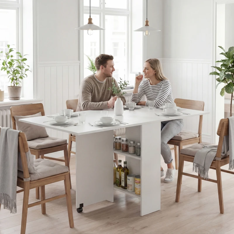 HOMCOM Extendable Dining Table, Collapsible Folding Table w/ 2-tier Shelves and Rolling Casters, White
