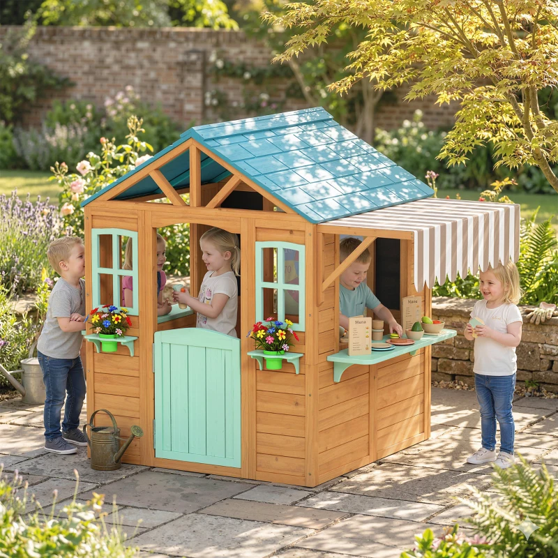 Qaba Outdoor Playhouse with Snack Bar, Half Door, Windows, Flowerpot Holders, Chalkboard, Tossing Game
