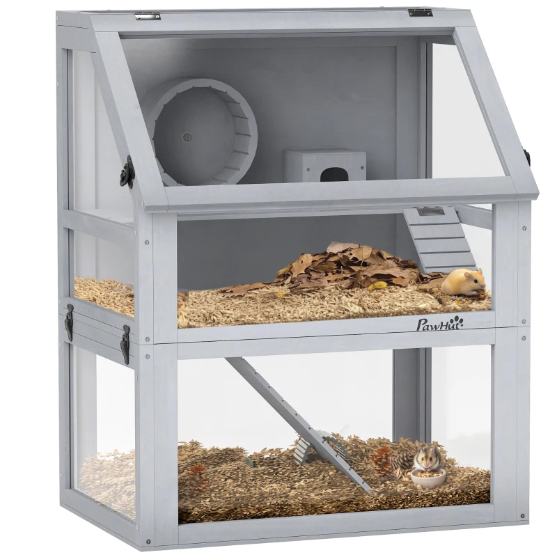 PawHut 3 Tier Wooden Hamster Cage w/ Detachable Bottom, Hut, Seesaw, Exercise Wheel, Ramps, 24" x 16" x 29.5"