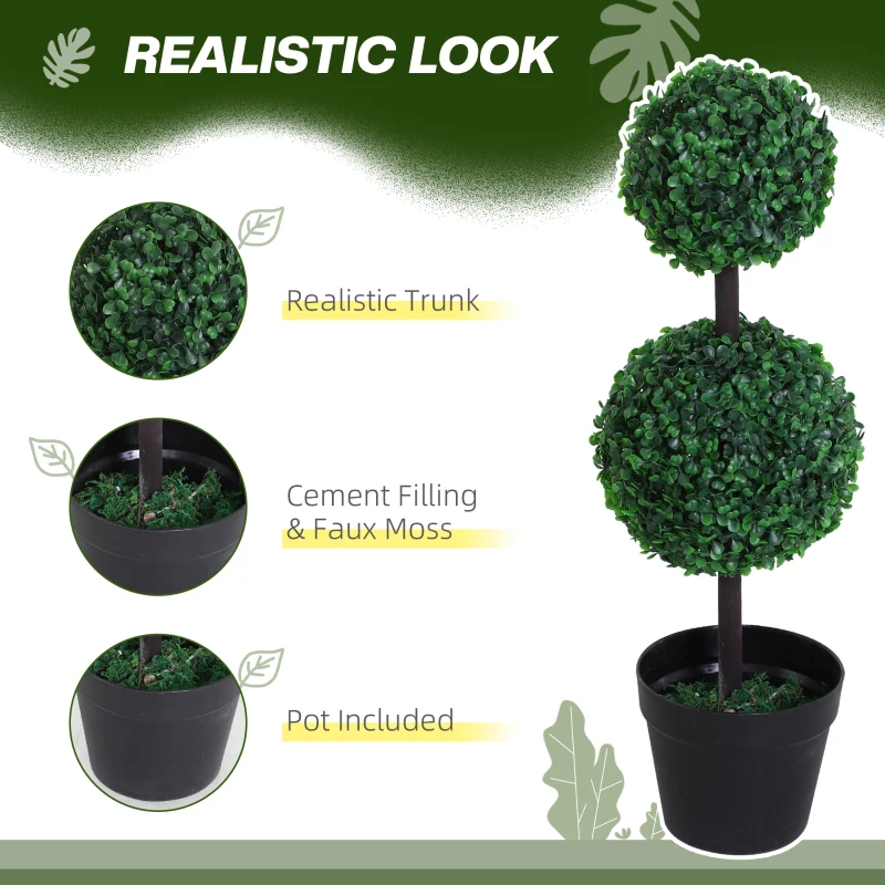 Outsunny 2 Ball Topiary Tree in Pot for Home Decor Set of 2, Artificial Plant for Home Office, Living Room Decor, Dark Green