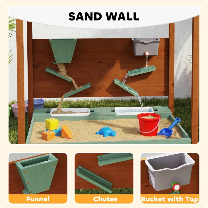Qaba Wooden Kids Sandbox with Canopy, Sand Wall, Bottom Liner, for 3-6 Years, 46" x 44" W x 50", Green