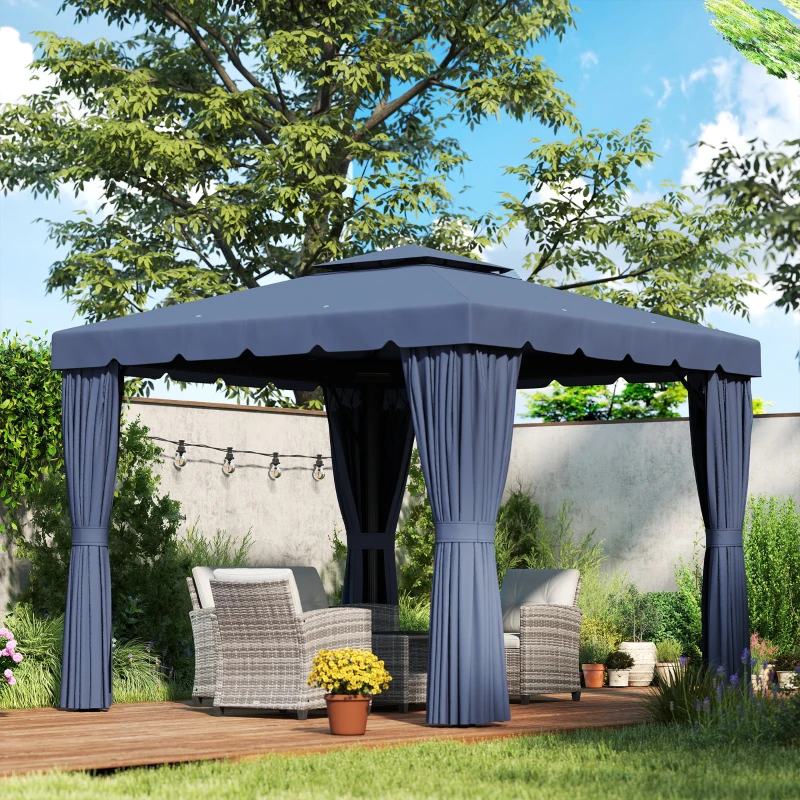 Outsunny 10' x 10' Outdoor Patio Gazebo Double Soft-top Garden Shelter Tent with Curtains, Mesh Screen Drapes, Dark Blue