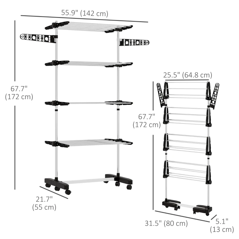HOMCOM Garment Drying Rack Stainless Steel Folding Clothes Hanging Rack with Side Wings Castors for Indoor Outdoor Black