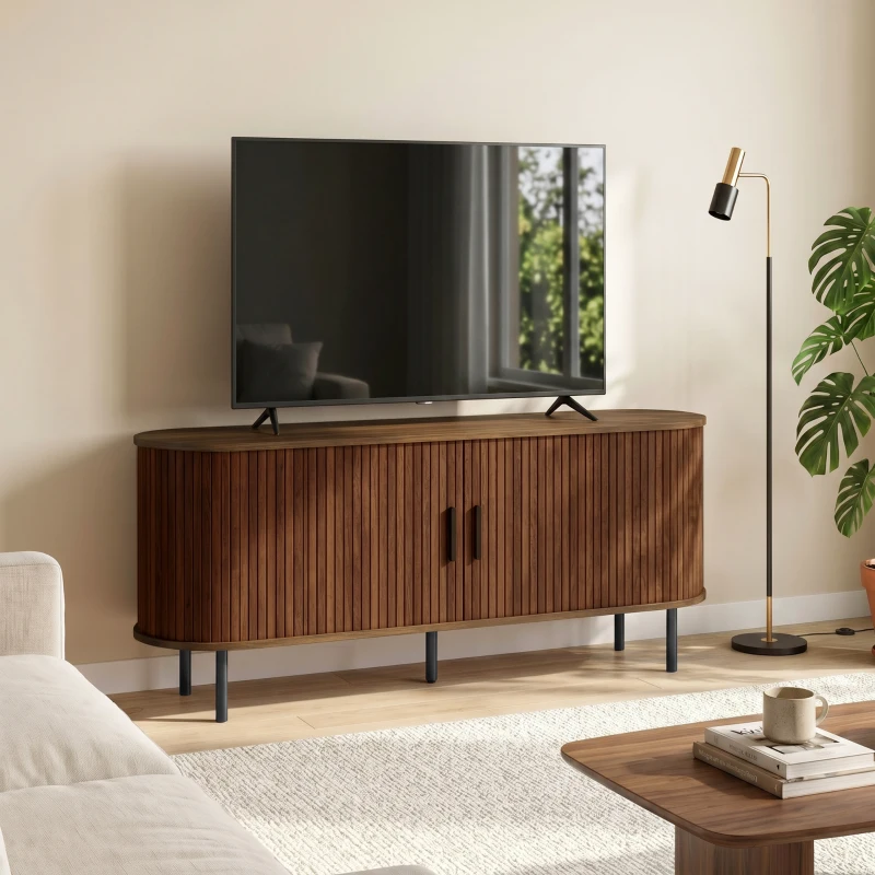 HOMCOM TV Stand for TVs up to 60", Modern Entertainment Center with Curved Sliding Doors, Walnut Brown