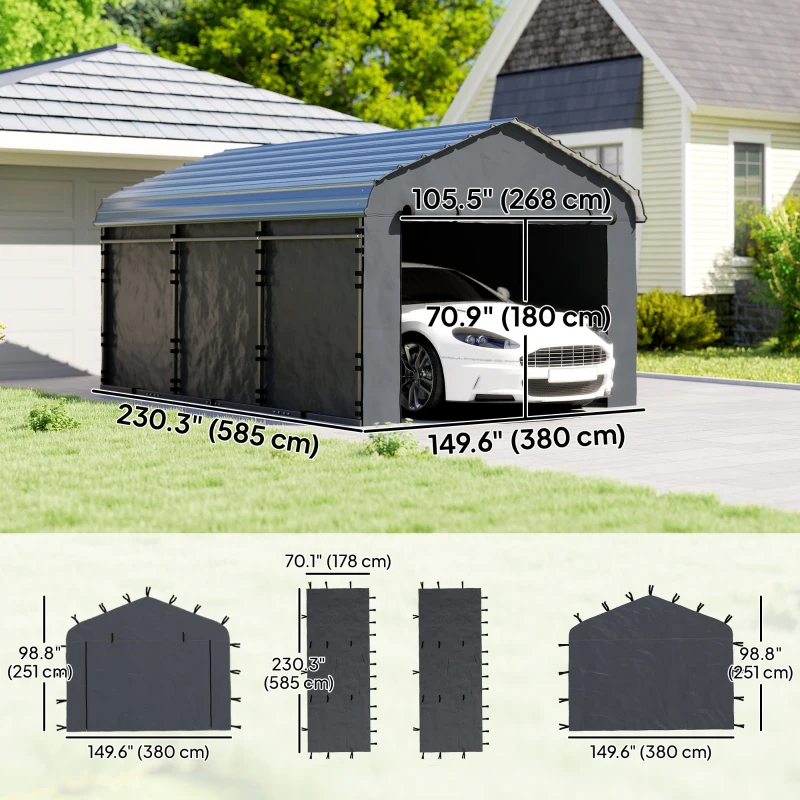 Outsunny Carport Replacement Canopy Cover Sidewalls for 12' x 20' Carport, UPF50+ Waterproof Garage Car Shelter Tarp, Dark Grey
