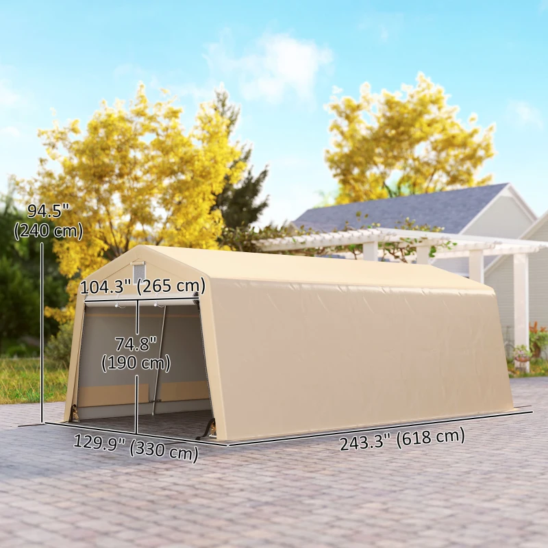 Outsunny 11' x 20' Portable Garage, Heavy Duty Carport Canopy with Ventilation Windows and Large Roll-up Door, Khaki