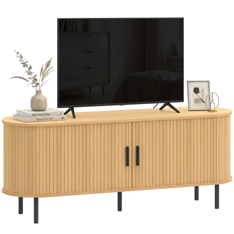HOMCOM TV Stand for TVs up to 60", Modern Entertainment Center with Curved Sliding Doors, Natural Wood