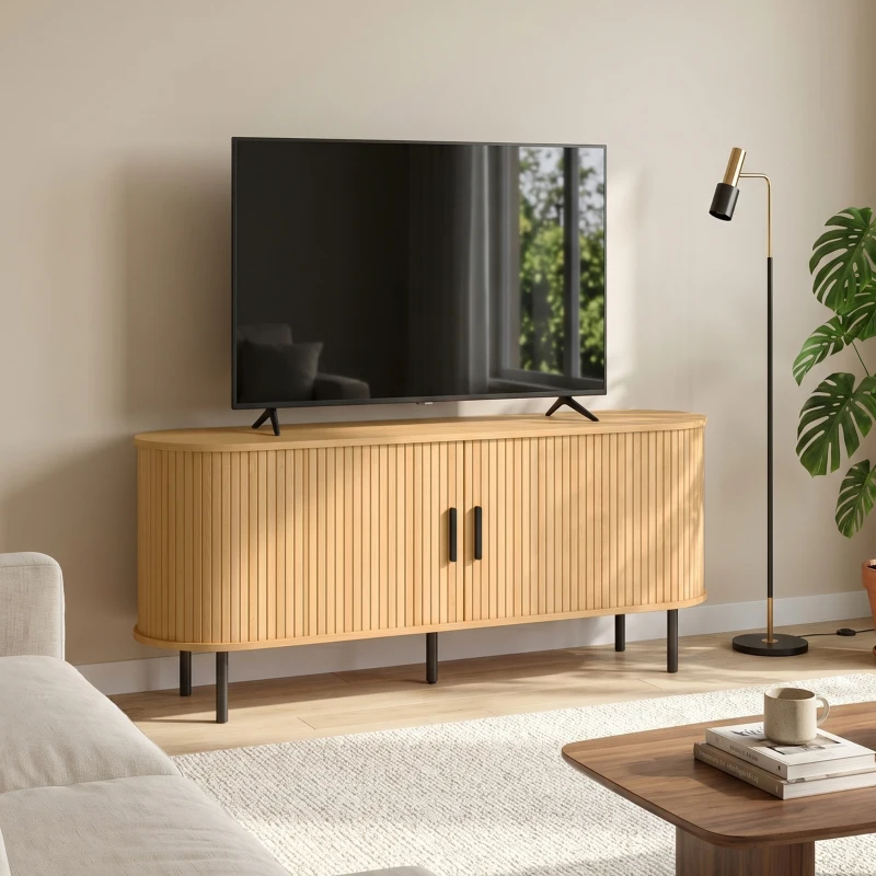 HOMCOM TV Stand for TVs up to 60", Modern Entertainment Center with Curved Sliding Doors, Natural Wood
