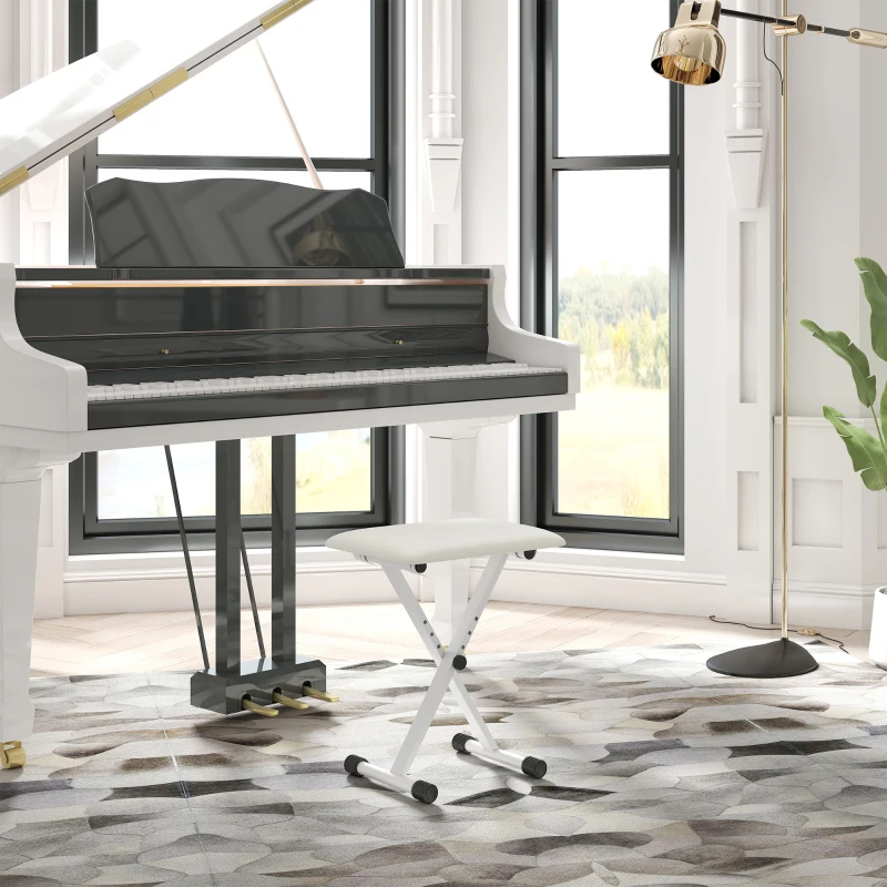 HOMCOM Adjustable Piano Bench, X-Style Folding Piano Stool with Padded Seat, Non-Slip Rubber Feet, Keyboard Chair, White