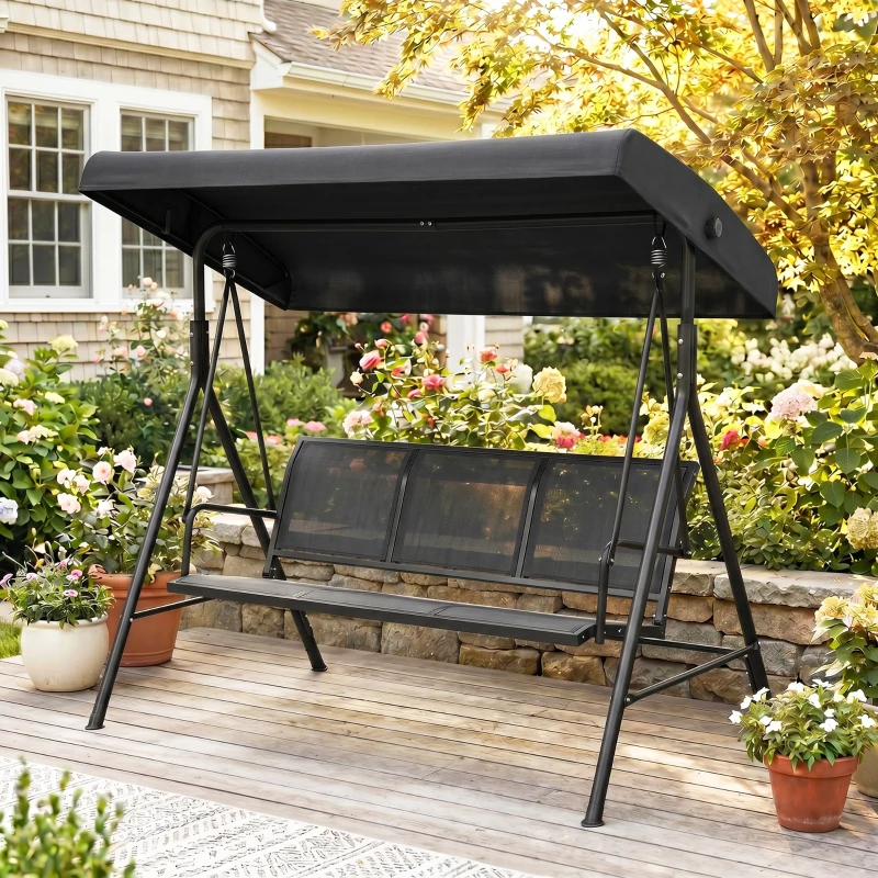 Outsunny 3-Seater Swing Chair Covered Garden Hammock A-Frame Outdoor Porch Glider Sling Seat with Adjustable Canopy Cover, Black