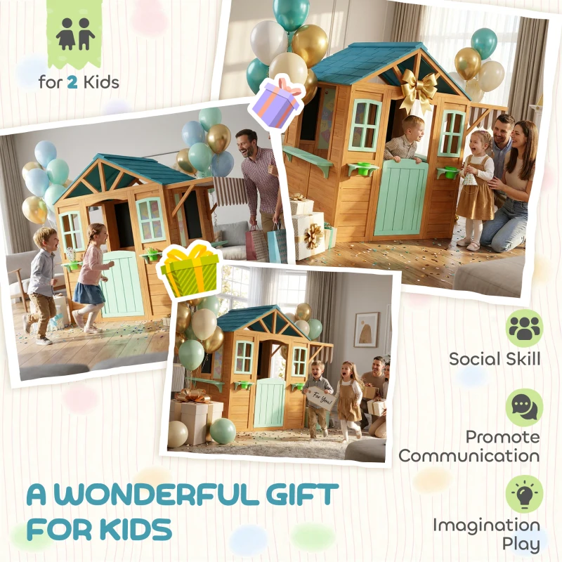 Qaba Outdoor Playhouse with Snack Bar, Half Door, Windows, Flowerpot Holders, Chalkboard, Tossing Game