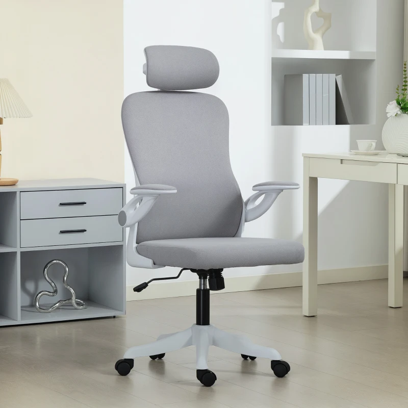 HOMCOM Ergonomic Office Chair, Swivel Desk Chair with Adjustable Lumbar Support, Headrest and Height, Flip-up Armrests, Grey