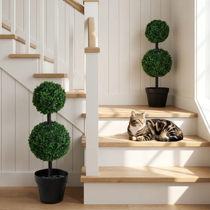 Outsunny 2 Ball Topiary Tree in Pot for Home Decor Set of 2, Artificial Plant for Home Office, Living Room Decor, Dark Green