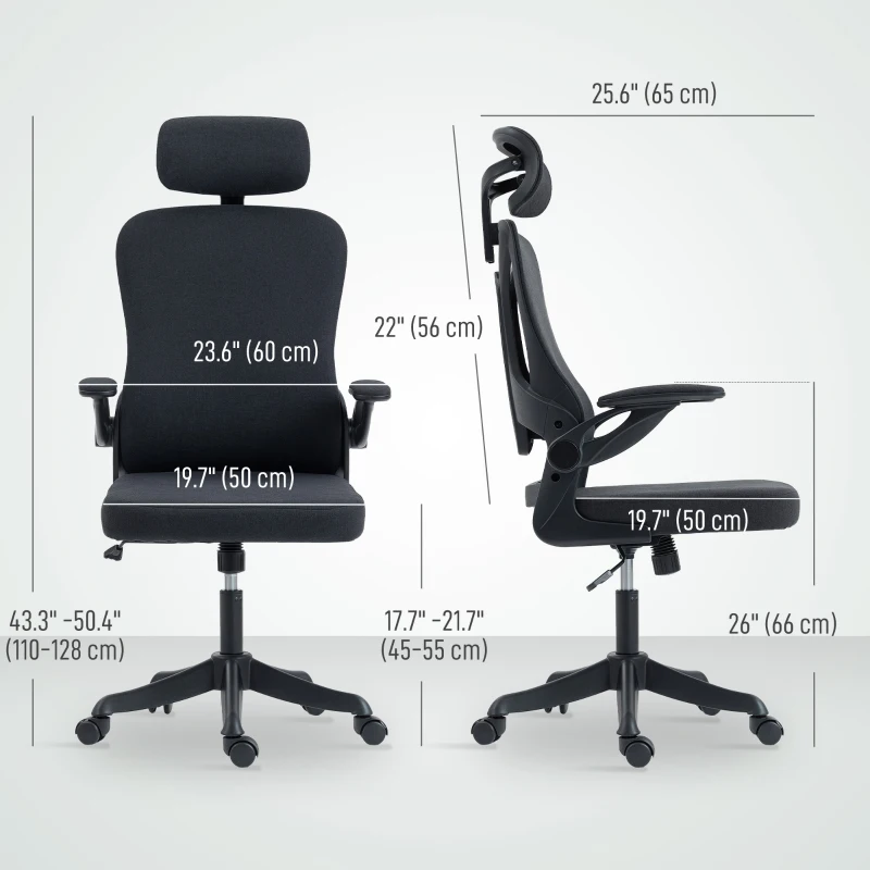HOMCOM Ergonomic Office Chair, Swivel Desk Chair with Adjustable Lumbar Support, Headrest and Height, Flip-up Armrests, Black