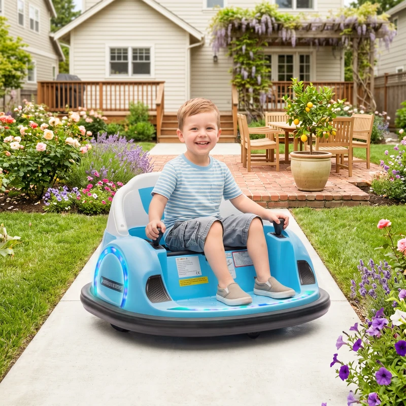 Qaba 12V Bumper Car for Toddlers, Ride On Car with 360 Degree Remote Control, Lights Music Horn, for 1.5-5 Years, Light Blue