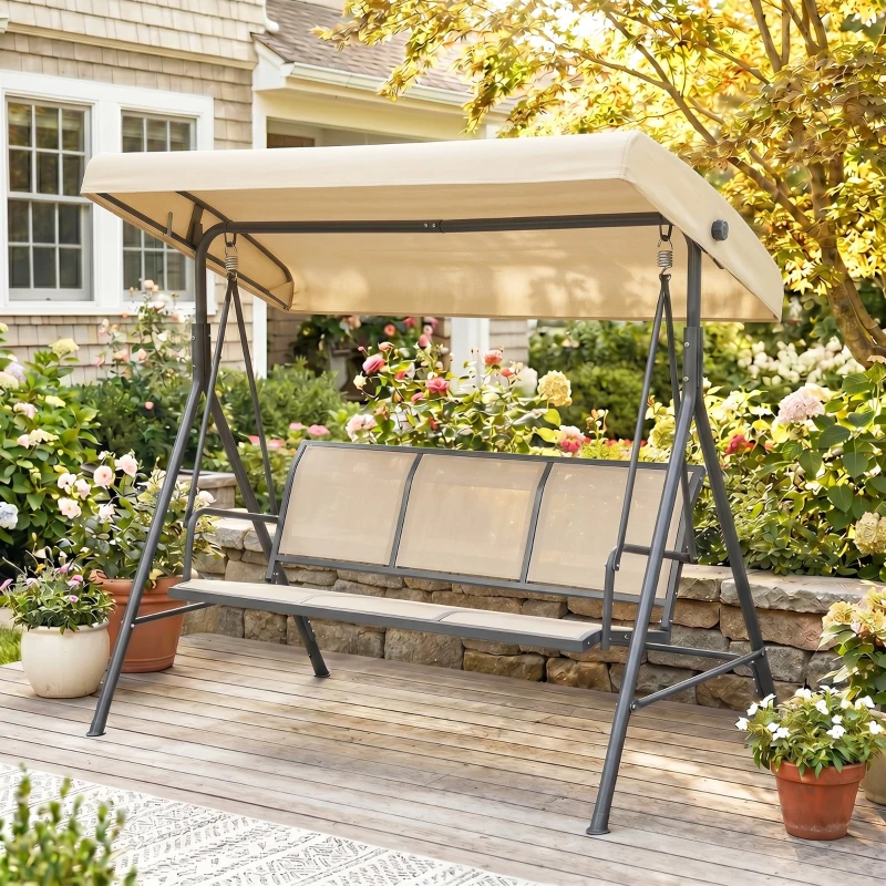 Outsunny 3-Seater Swing Chair Covered Garden Hammock A-Frame Outdoor Porch Glider Sling Seat with Adjustable Canopy Cover, Beige
