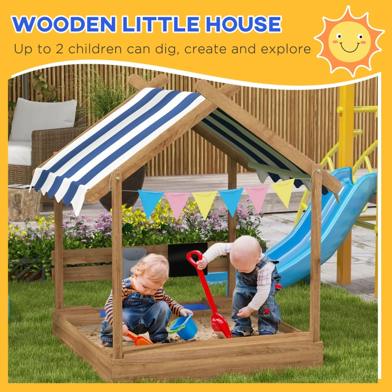 Outsunny Wooden Sandbox with Canopy, House Design for 3-7 Years Old, Brown