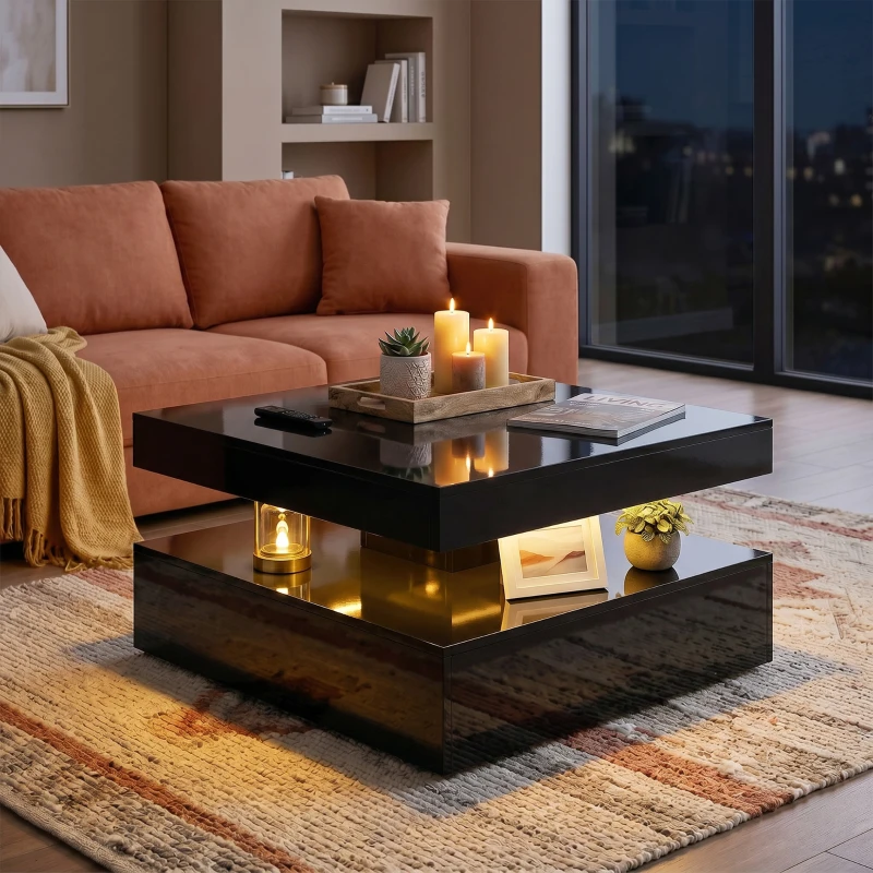 HOMCOM LED Coffee Table with Storage, 2-Tier Modern Center Table with Open Shelf and Remote for Living Room, High Gloss Black