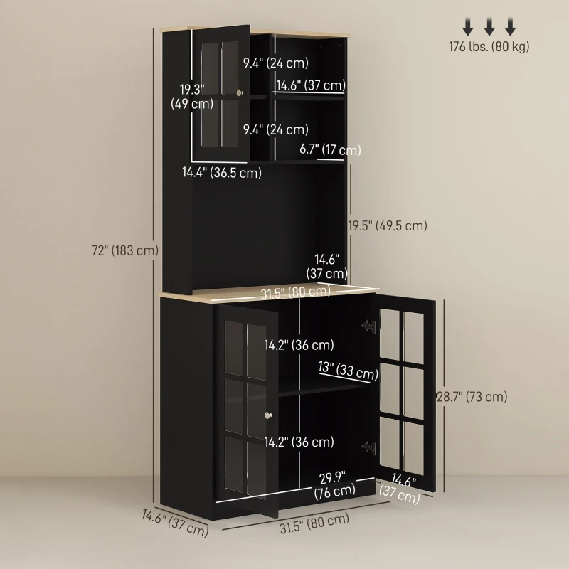 HOMCOM Kitchen Buffet with Hutch, Storage Pantry with 3 Cabinets, 2 Open Shelves and Large Countertop, Black(m-15)
