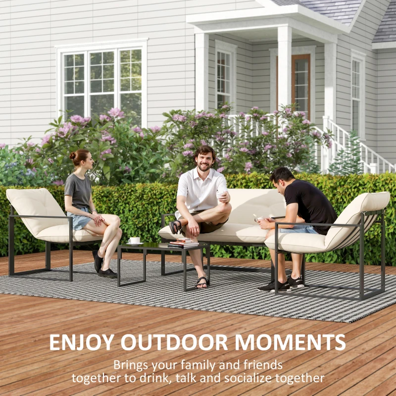 Outsunny 4 Piece Outdoor Furniture Set, Patio Conversation Set with Tempered Glass Table, Loveseat, 2 Chairs and Cushions, Beige