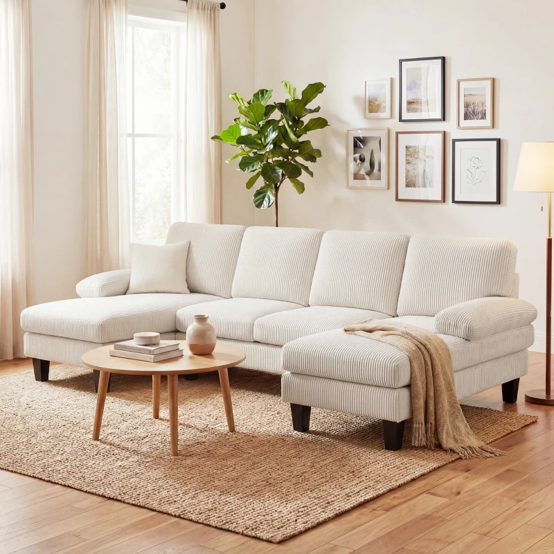 HOMCOM Sectional Sofa, U Shaped Couch with Double Chaise, Pillow-top Armrests and Spring Cushions, 2200lb Capacity, Beige