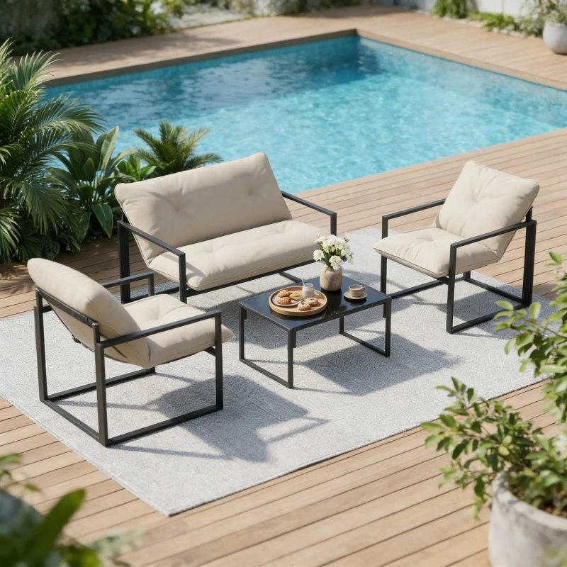Outsunny 4 Piece Outdoor Furniture Set, Patio Conversation Set with Tempered Glass Table, Loveseat, 2 Chairs and Cushions, Beige