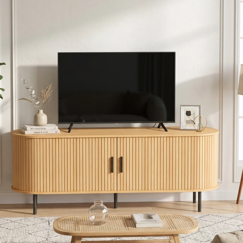 HOMCOM TV Stand for TVs up to 60", Modern Entertainment Center with Curved Sliding Doors, Natural Wood
