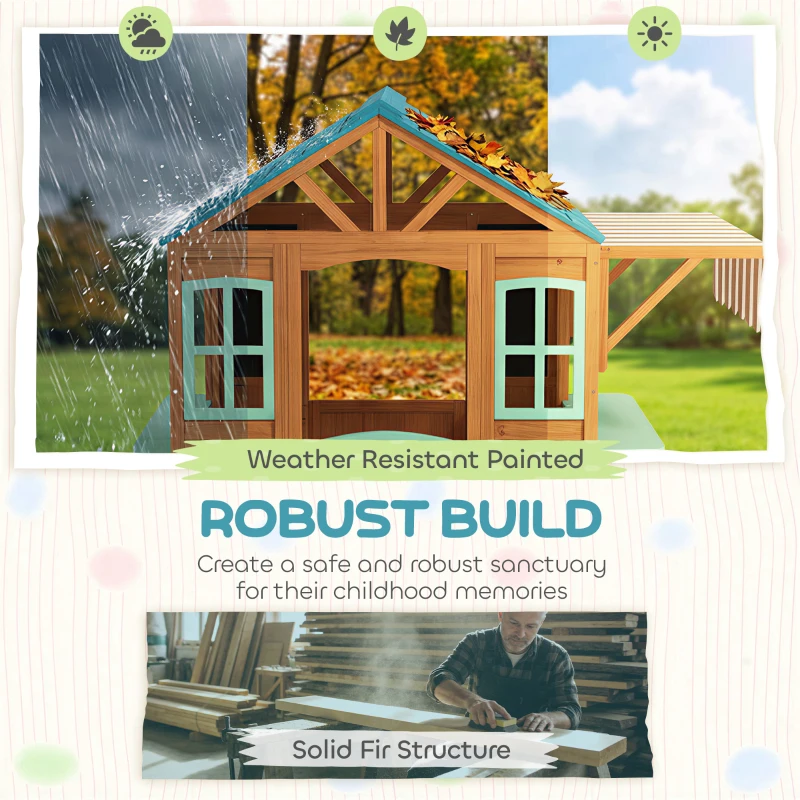 Qaba Outdoor Playhouse with Snack Bar, Half Door, Windows, Flowerpot Holders, Chalkboard, Tossing Game