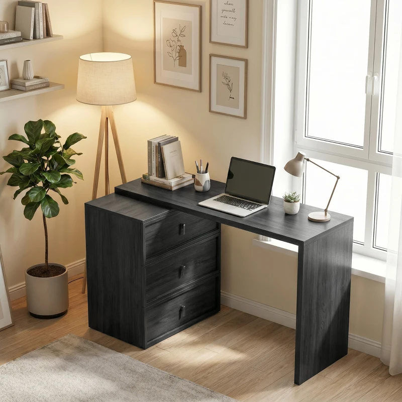 HOMCOM L Shaped Computer Desk Home Office Desk with 3 Drawers Black Wood Grain