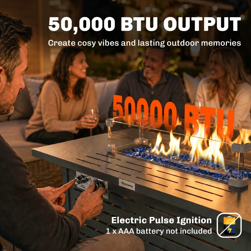 Outsunny Propane Gas Fire Pit Table, Outdoor Firepit with 43" Steel Tabletop and Lid, 50,000 BTU Pulse Ignition Fire Table w/ Stainless Steel Burner, Glass Wind Guard, and Cover