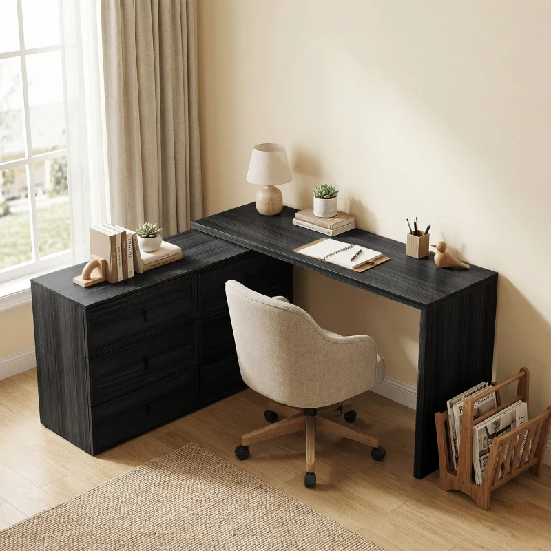 HOMCOM L Shaped Computer Desk Home Office Desk with 6 Drawers Black Wood Grain