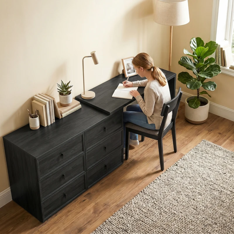 HOMCOM L Shaped Computer Desk Home Office Desk with 6 Drawers Black Wood Grain