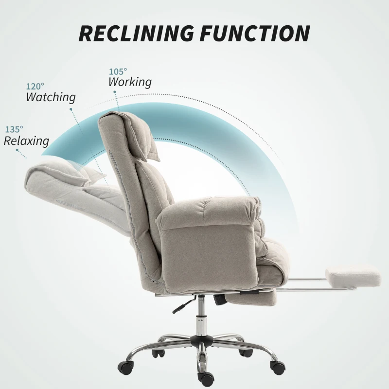 HOMCOM High Back Office Chair, Reclining Desk Chair with Footrest, Swivel Base, Rolling Wheels, Light Grey