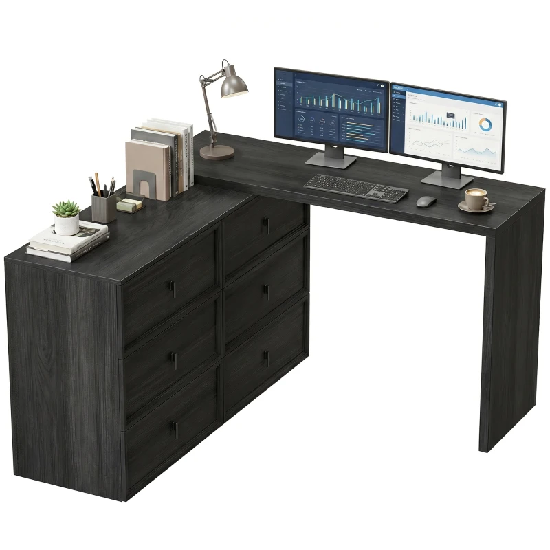 HOMCOM L Shaped Computer Desk Home Office Desk with 6 Drawers Black Wood Grain