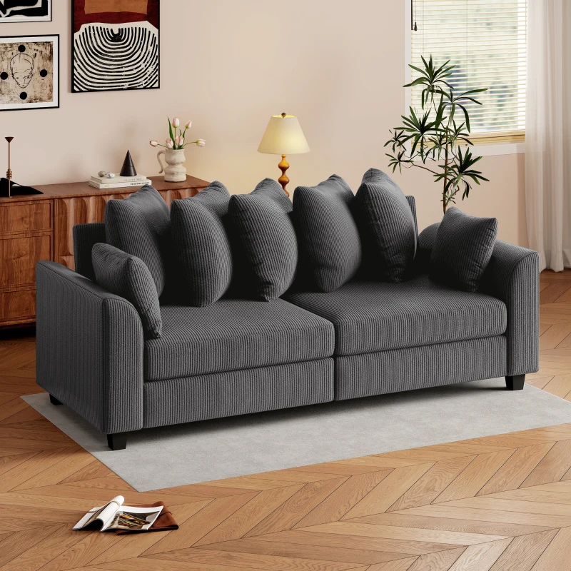 HOMCOM Corduroy Couch, 3 Seater Sofa, Modern Upholstered Couch with Curved Armrests and 8 Removable Pillows, Dark Grey