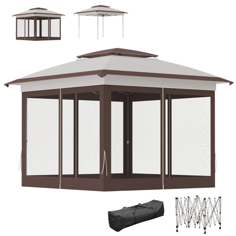Outsunny 12' x 12' Pop Up Canopy Sun Shade Instant Tent Folding with Mesh Sidewalls, Beige and Dark Brown