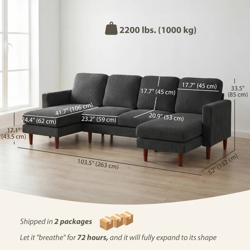 HOMCOM Sectional Sofa, Corduroy U Shaped Couch with Double Chaise and Spring Cushions, 2200lb Capacity, Dark Grey