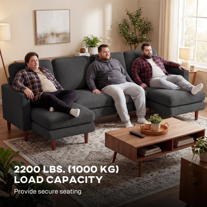 HOMCOM Sectional Sofa, Corduroy U Shaped Couch with Double Chaise and Spring Cushions, 2200lb Capacity, Dark Grey