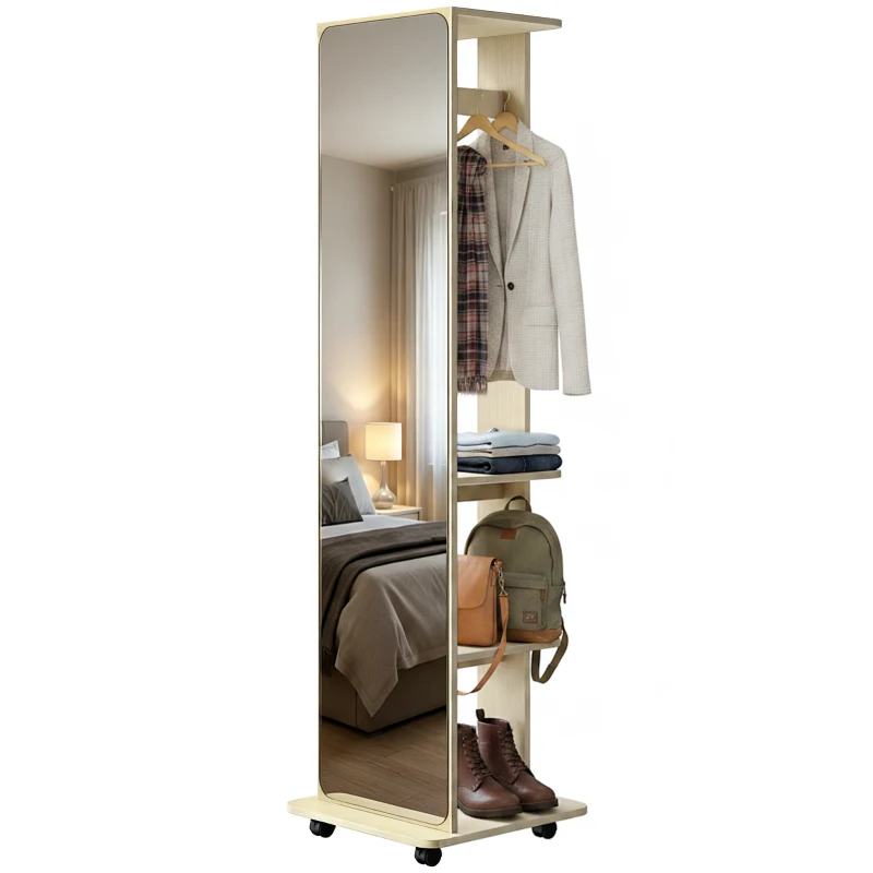 HOMCOM 15" x 62" Full Length Mirror, Tempered Glass Floor Mirror on Wheels with Storage Shelves, Coat Hangers, Natural Wood