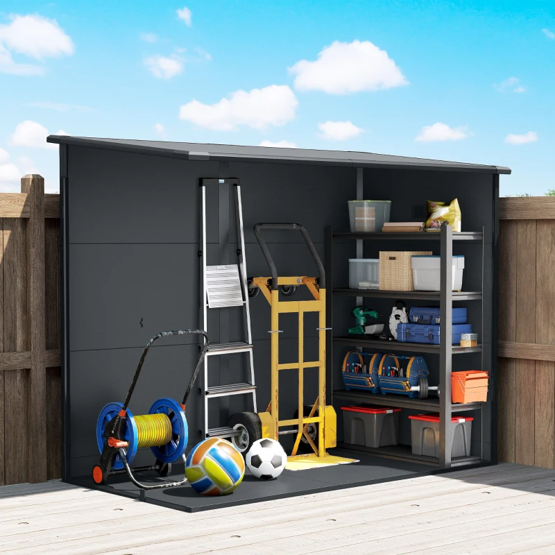 Outsunny 4.3' x 8' Outdoor Storage Shed with Floor, Garden Shed with Lockable Doors and Windows, Dark Grey