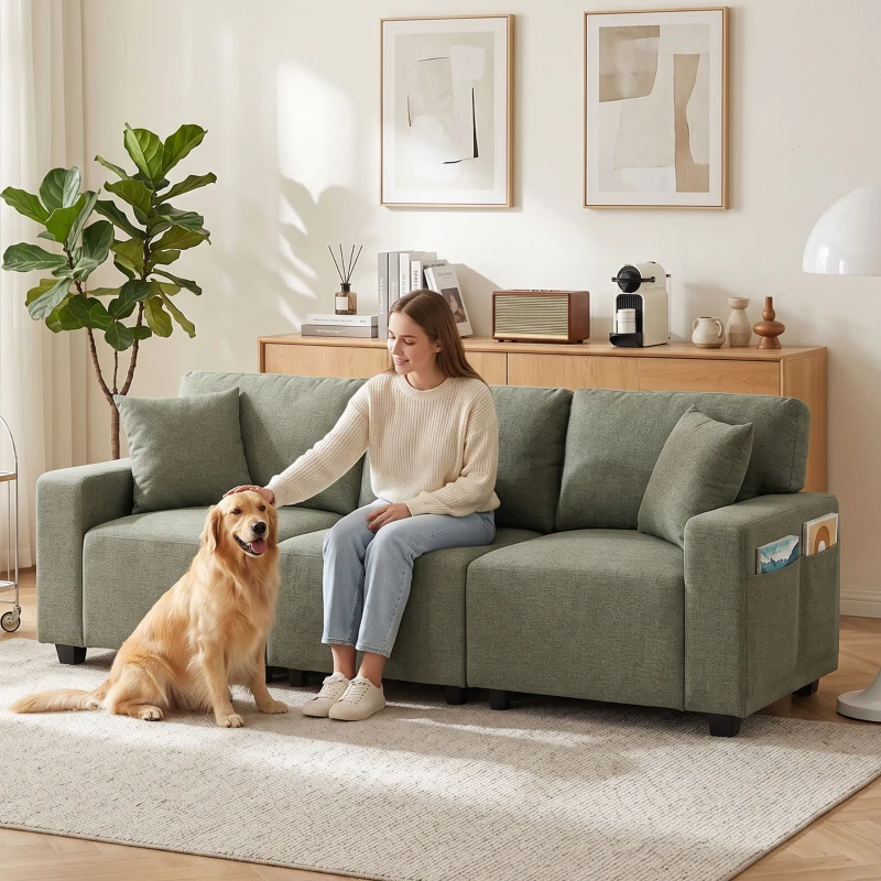 HOMCOM 3 Seater Sofa with Storage Pockets, Modern Upholstered Couch with Pocket Springs, Green