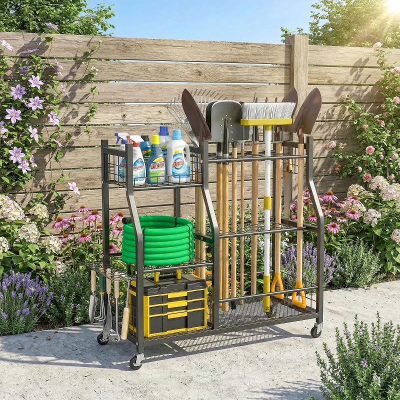 Outsunny Garden Tool Organizer for Garage, 3-Tier Yard Tool Storage Rack with 32 Slots, 4 Wheels and 11 Hooks