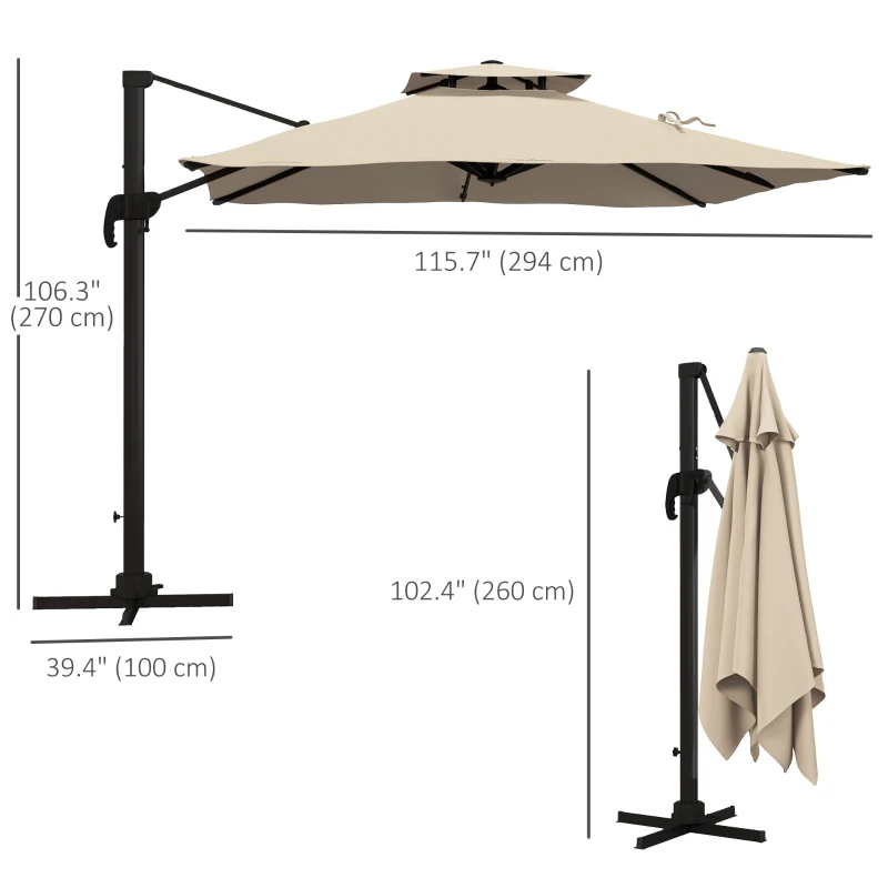 Outsunny 10ft Square Cantilever Patio Umbrella, 360° Rotating Overhanging Umbrella with Cross Base, Crank Handle, Khaki