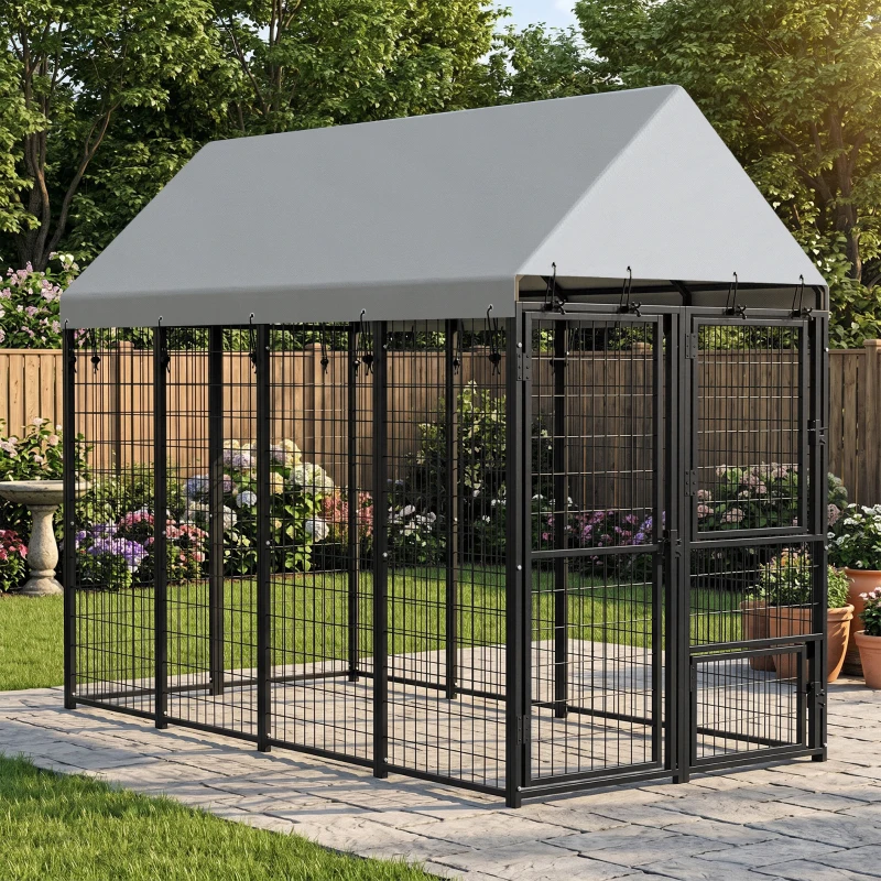 PawHut Large Dog Kennel Outdoor with Roof, 3 Doors, Expandable Heavy Duty Dog Kennel Dog Run for All Breed Sizes, 8' x 4' x 6'