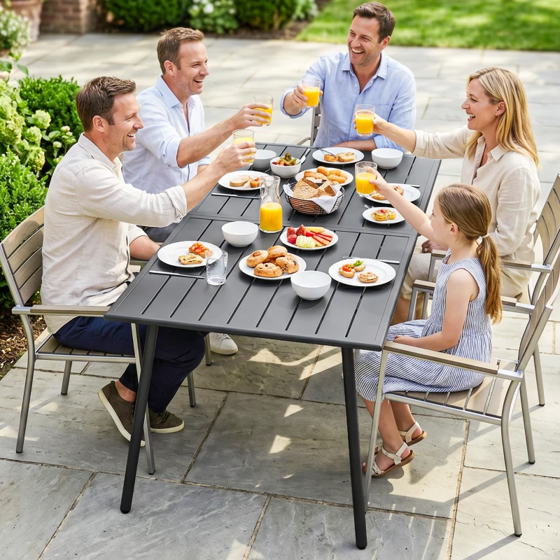 Outsunny Rectangle Patio Dining Table for 6 Person, Metal Steel Slat Outdoor Table, for Lawn, Garden, 59" x 31.5" x 29", Grey