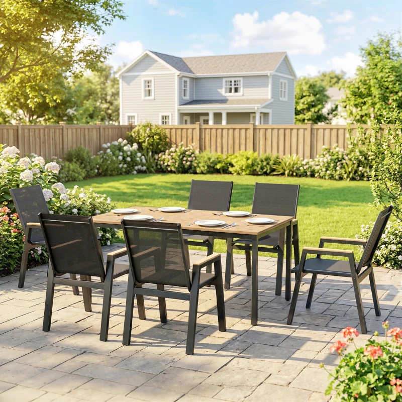 Outsunny 7 Piece Outdoor Dining Set, Rectangle Patio Table and 6 Mesh Chairs with Slatted Tabletop for Backyard, Deck, Garden