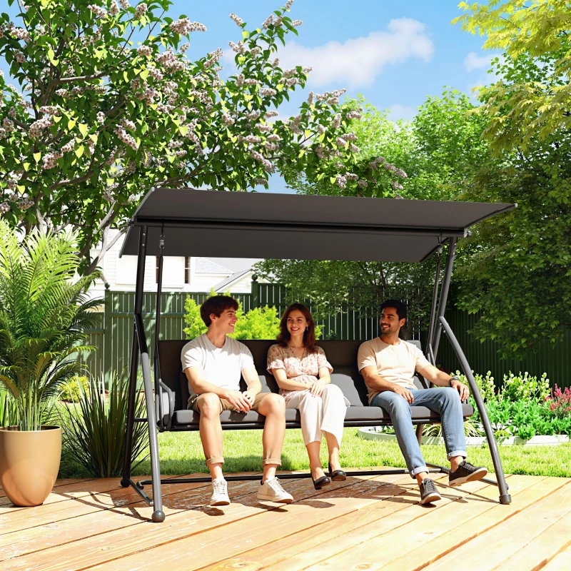 Outsunny Patio Swing Chair, 3 Person Convertible Hammock, Outdoor Swing Lounge Bed, Cushioned with Tilt Canopy, Dark Grey