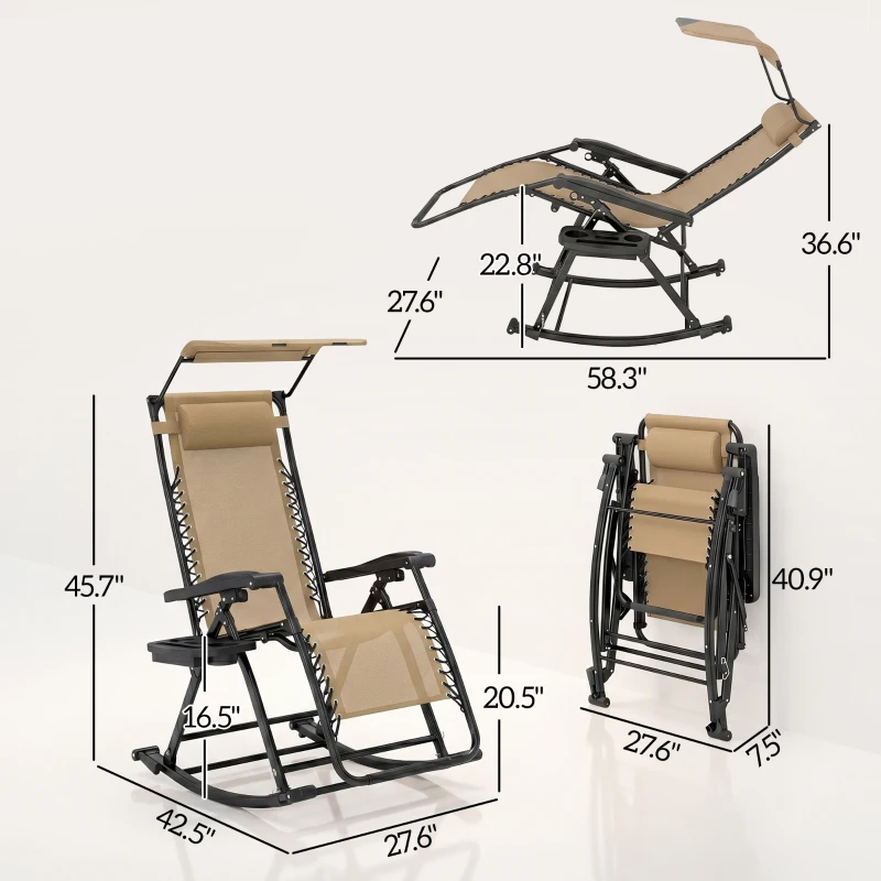 Outsunny 2 Outdoor Rocking Chairs Foldable Reclining Zero Gravity Lounge Rockers w/ Pillow Cup & Phone Holder, Beige